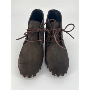 Bosabo Women's Clog Booties Sz 8 Brown Suede Leather Wooden Sole Lace Up Shoes